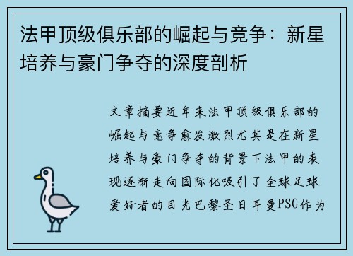法甲顶级俱乐部的崛起与竞争：新星培养与豪门争夺的深度剖析