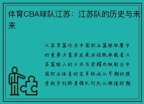 体育CBA球队江苏：江苏队的历史与未来